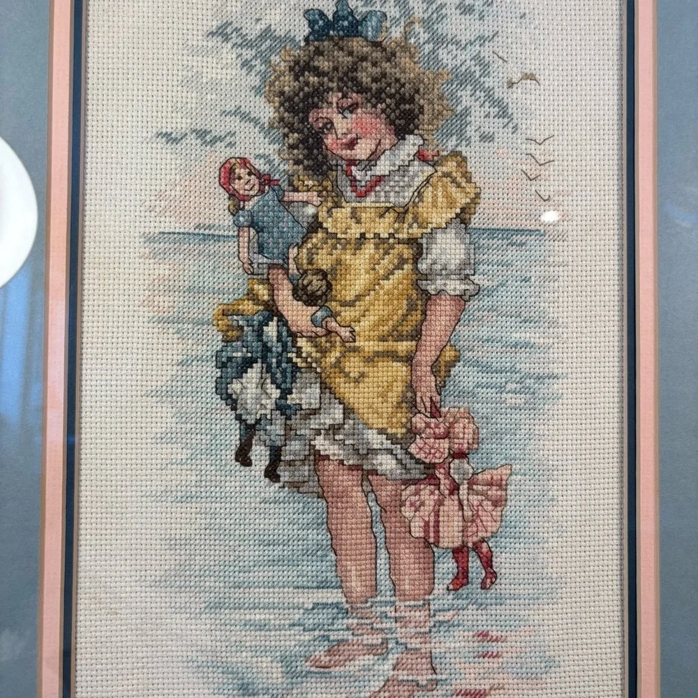 Handmaid Seaside Framed 21x14”Cross Stitch Girl w/ Dolls Beach Scene Vintage